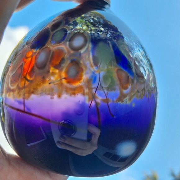 Hand Blown Glass Oil Lamp Orb or Bud Vase Artist Signed Mosaic Color Marble Ball - Picture 11 of 16
